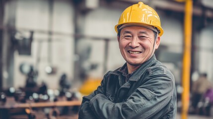 Wall Mural - Portrait of a happy chinese factory worker wearing hard hat and work clothes, with copy space 