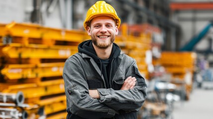 Wall Mural - Portrait of a happy european factory worker wearing hard hat and work clothes, with copy space