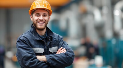 Wall Mural - Portrait of a happy european factory worker wearing hard hat and work clothes, with copy space