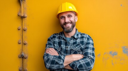 Wall Mural - Portrait of a happy european factory worker wearing hard hat and work clothes, with copy space
