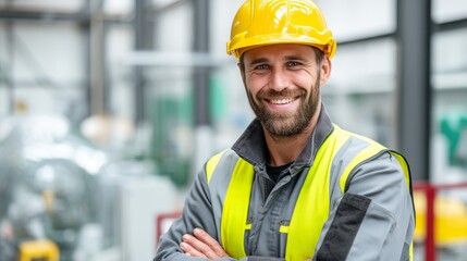 Wall Mural - Portrait of a happy european factory worker wearing hard hat and work clothes, with copy space