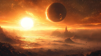 Wall Mural - A fiery, otherworldly landscape with a celestial body.