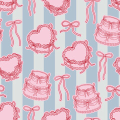 Vintage seamless pattern with elegant heart shaped cakes and bows on striped background. Elegant vector illustration in coquette aesthetic