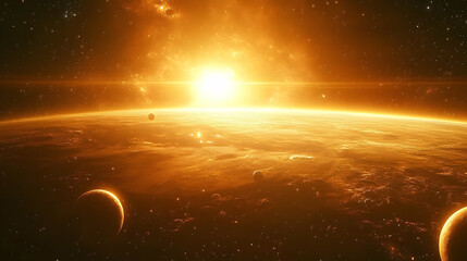 Wall Mural - Vivid cosmic scene of a blazing sun over planets.
