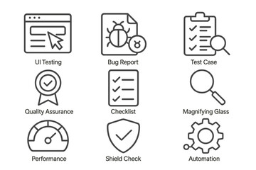 Vector illustration icons representing various aspects of software testing and quality assurance in a modern digital environment