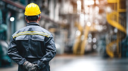 Wall Mural - Portrait of Industry maintenance engineer man wearing uniform and safety hard hat on factory station, with copy space