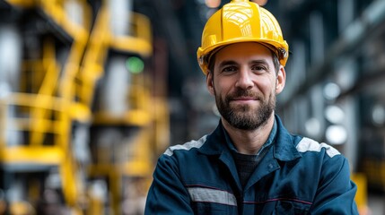 Wall Mural - Portrait of TEAM Industry maintenance engineer man wearing uniform and safety hard hat on factory, with copy space