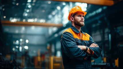 Wall Mural - Portrait of TEAM Industry maintenance engineer man wearing uniform and safety hard hat on factory, with copy space