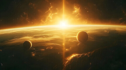 Wall Mural - Golden sunrise over a celestial landscape.