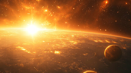 Wall Mural - A vibrant cosmic sunrise over a celestial sphere.