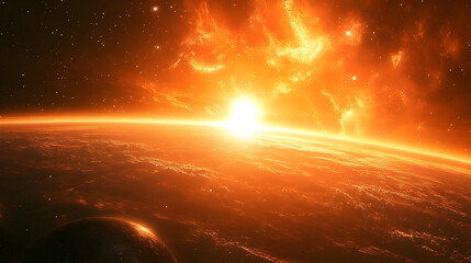 Wall Mural - Fiery sunrise over a celestial orb.