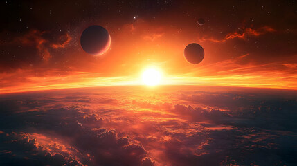 Wall Mural - Fiery sunrise over distant celestial bodies.