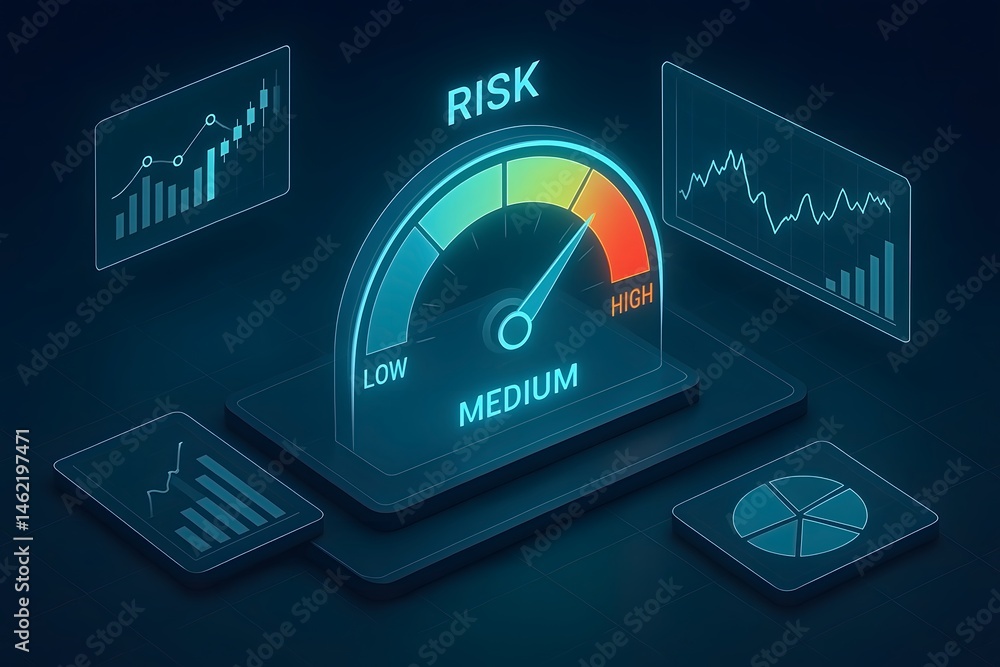 Digital risk assessment concept depicting risk meter and financial data ...