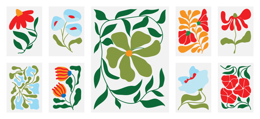 Aufkleber - Botanical doodle background art vector set. Flower and leaves abstract shape doodle art design for print, wallpaper, clipart, wall art for home decoration.
