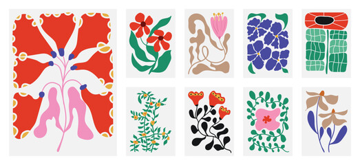 Wall Mural - botanical doodle background art vector set. flower and leaves abstract shape doodle art design for p