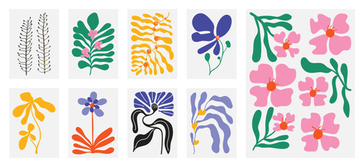 Aufkleber - Botanical doodle background art vector set. Flower and leaves abstract shape doodle art design for print, wallpaper, clipart, wall art for home decoration.