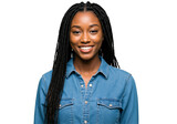 Portrait of a smiling young Black woman with long braids wearing a denim shirt against a black background, showcasing her bright and youthful expression.