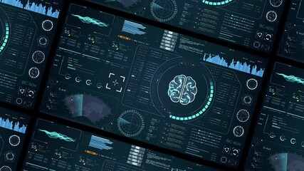 Wall Mural - motion graphic of blue digital brain with head up display (hud ui) and futuristic technology abstrac