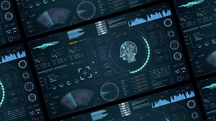 Wall Mural - motion graphic of blue digital robot head with head up display (hud ui) and futuristic technology ab