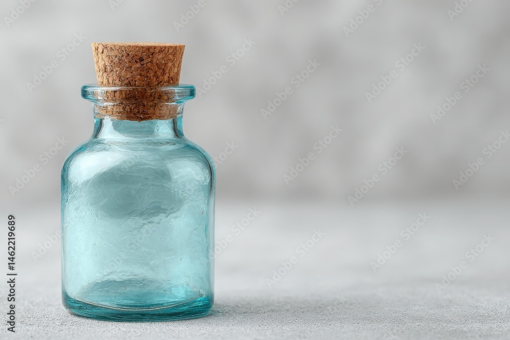 A small, clear blue glass bottle featuring a natural cork stopper sits elegantly against a softly blurred gray background. The bottles shape highlights its delicate design and color.