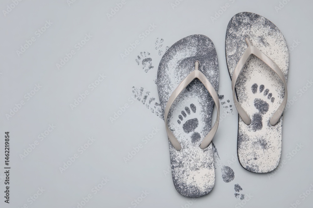 Two stylish flip flops are placed on a light background, each leaving playful sandy footprints behind. The design showcases the combination of footwear and beach elements, creating a fun atmosphere.