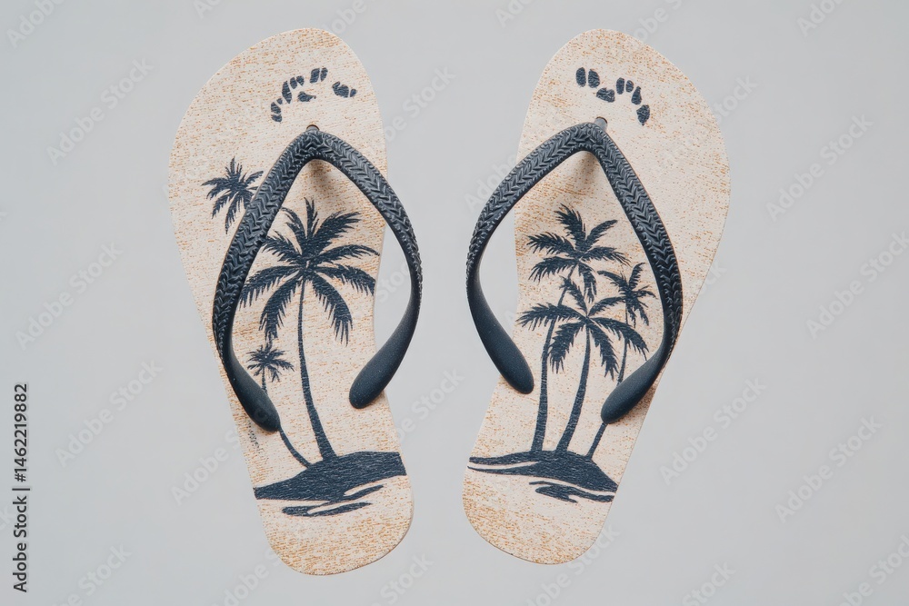 These flip flops showcase a unique design with palm trees and beach footprints. Perfect for warm weather, they evoke a tropical atmosphere, ideal for vacations or casual outings by the sea.