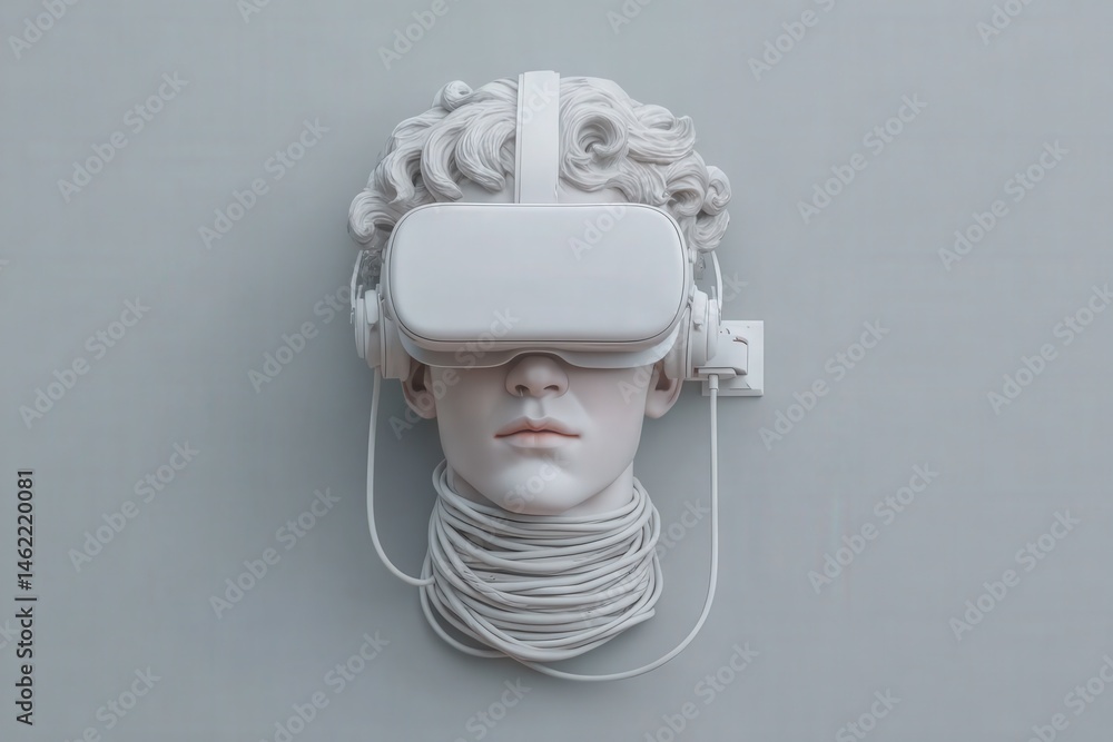 A white sculpture features a humanoid head with curly hair, adorned with a virtual reality headset and connected headphones. Intricate details highlight its modern artistic style.