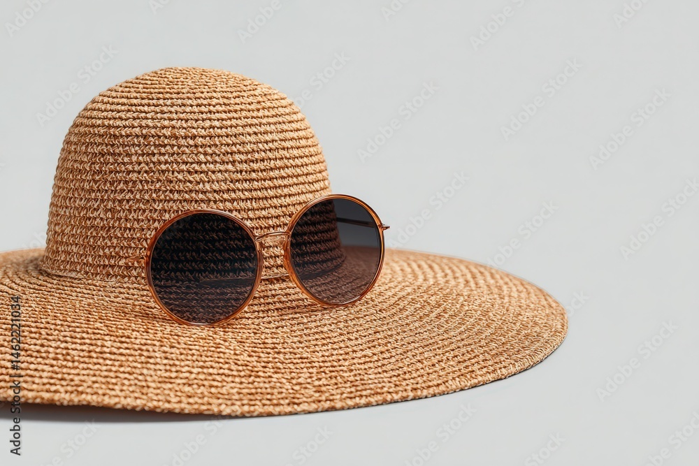 A large straw hat featuring a wide brim rests on a plain surface, complemented by round sunglasses. This accessory combination is perfect for sun protection on a warm day.