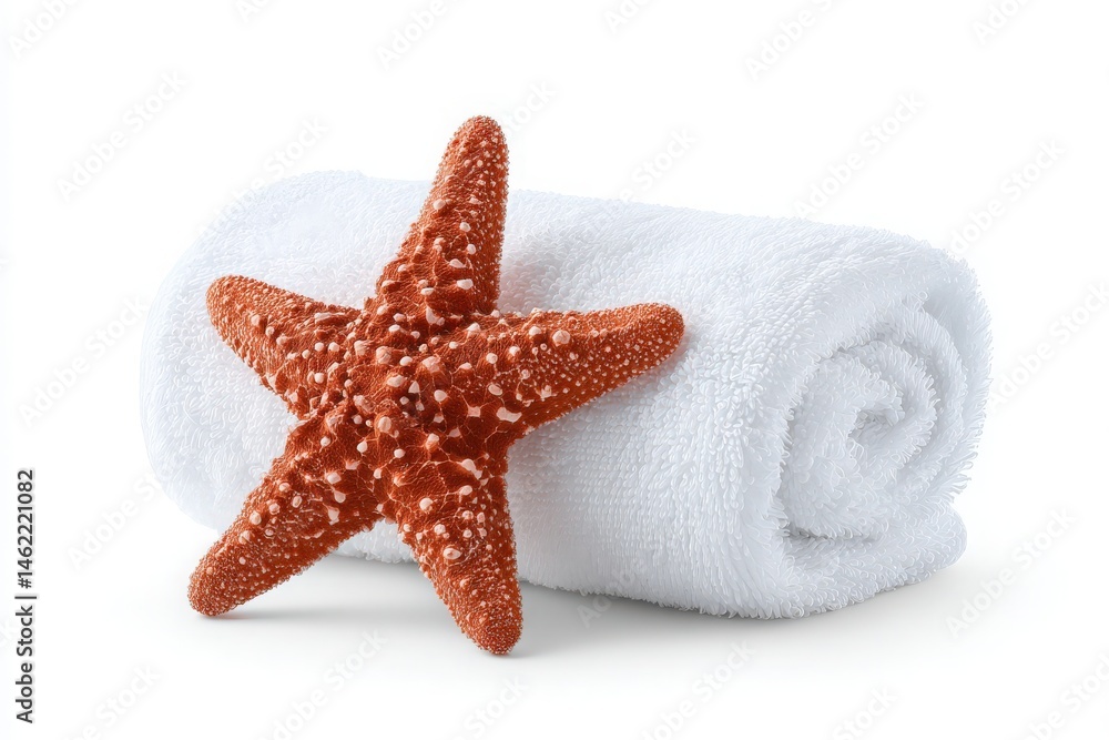A vibrant orange starfish placed on a neatly rolled white towel creates a calming beach-inspired atmosphere. This setup suggests a relaxing day at the shore, perfect for unwinding.