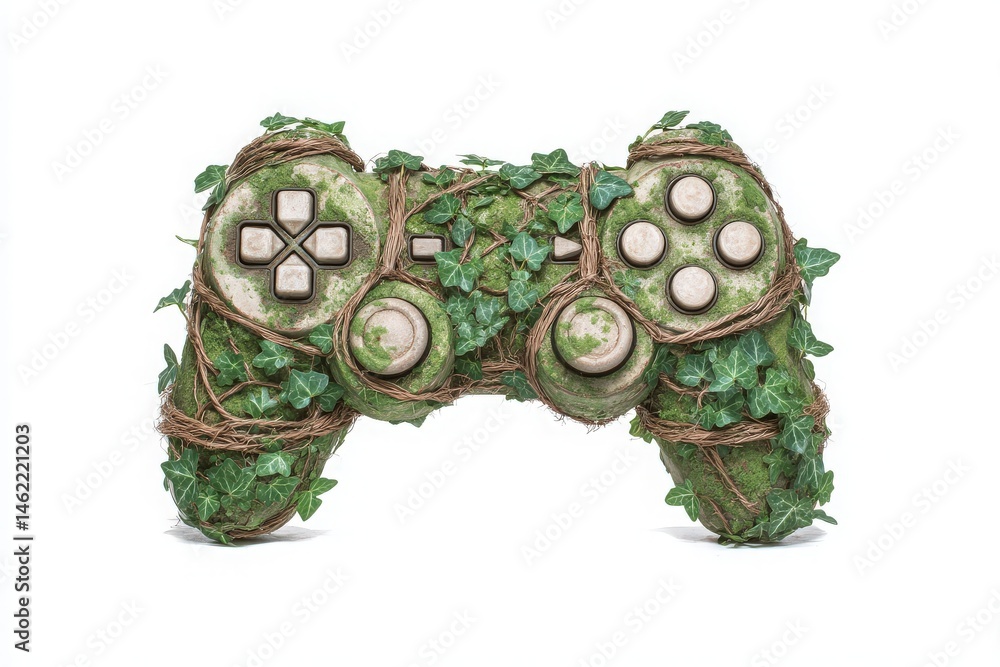 A gaming controller is artistically covered in lush green ivy and twisting vines, blending technology with nature. The intricate details emphasize the fusion of gaming and the environment.