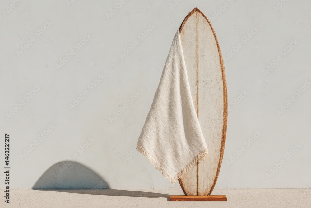 A wooden surfboard stands upright on a sand-colored base, draped with a clean white towel. The bright background highlights the simplicity and aesthetics of the coastal vibe.