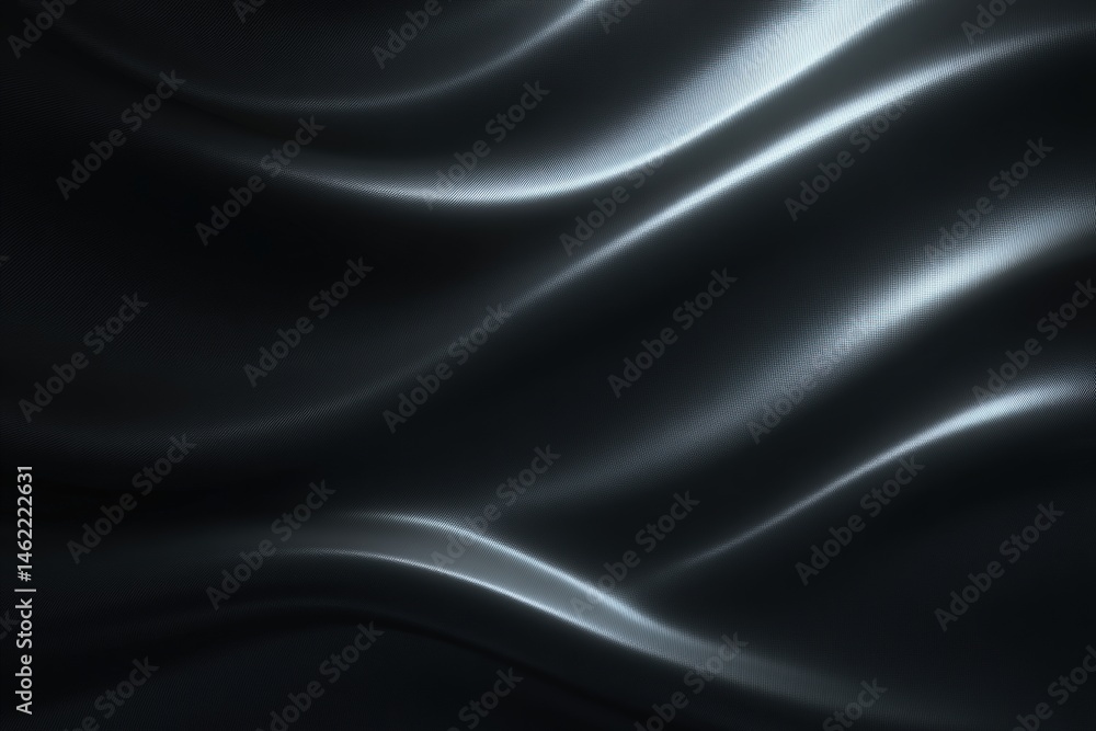 Soft satin fabric showcases undulating curves and smooth textures in rich black tones. Gentle light interacts with the surface, enhancing the luxurious feel of the material.
