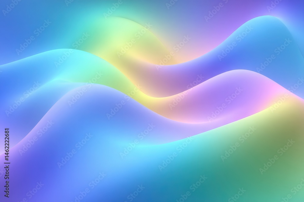Soft, flowing waves blend in vibrant colors of blue, purple, and green, creating a serene and calming atmosphere. The gentle curves and gradients evoke a sense of tranquility and peacefulness.