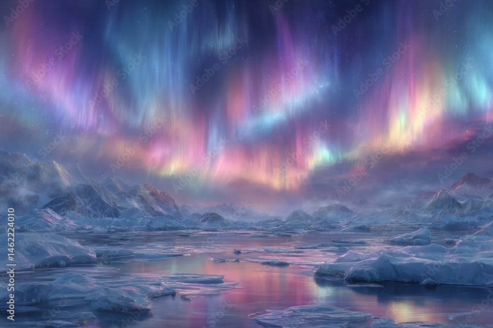 Vibrant auroras dance across the night sky, reflecting in a frozen lake surrounded by snow-covered mountains. The scene captures the enchanting beauty of a winter evening in a remote location.