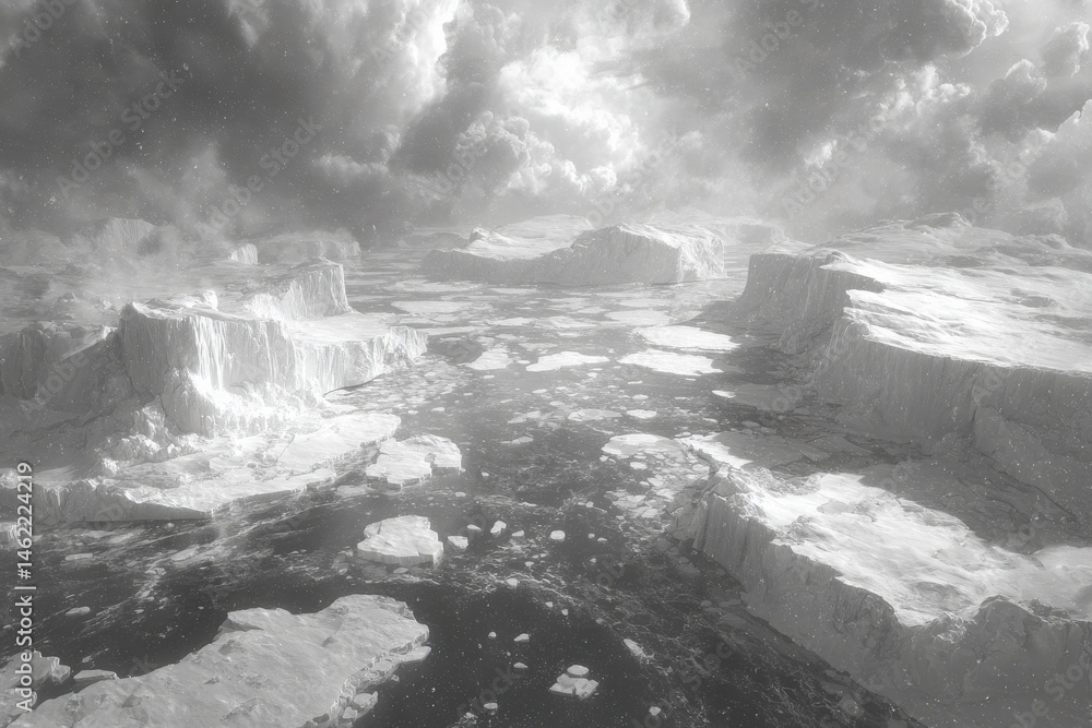 Vast frozen landscapes with towering ice formations stretch across the horizon under a dramatic sky. Floating icebergs dot the dark waters, creating a stunning contrast against the white ice.