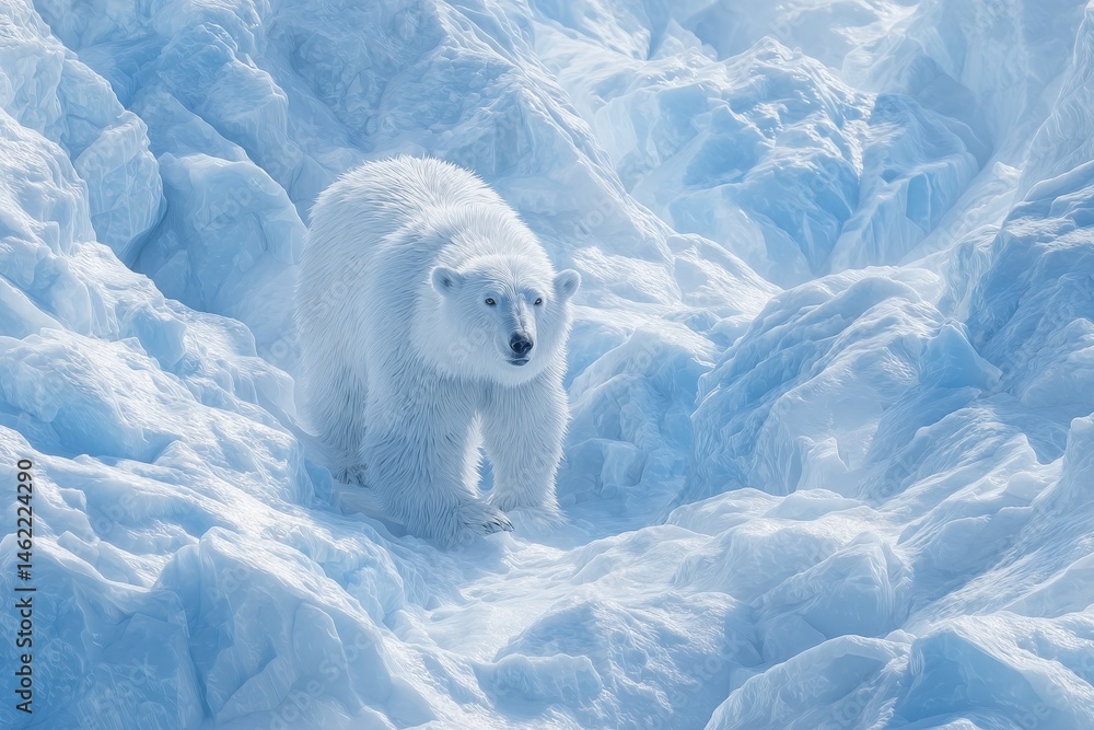 A polar bear moves cautiously over a landscape of blue ice and snow, highlighting its striking white fur against the serene winter backdrop in the Arctic. The scene captures natures beauty.