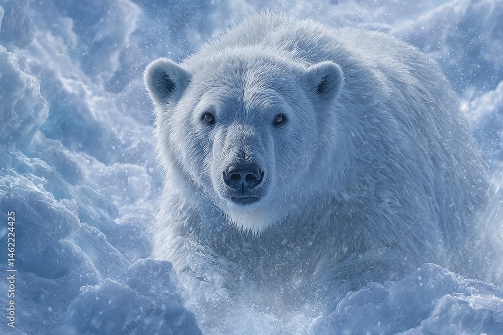 A polar bear is seen moving through thick snow, surrounded by icy terrain. The animals white fur blends with the winter landscape as it searches for food in its natural habitat.