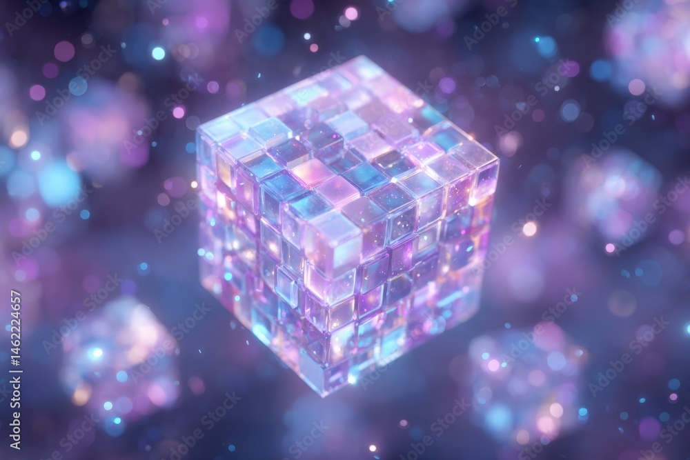 A translucent cube made of smaller blocks radiates vibrant colors in a dark, ethereal space. Soft lights dance around it, creating a magical and futuristic atmosphere that captivates the viewer.