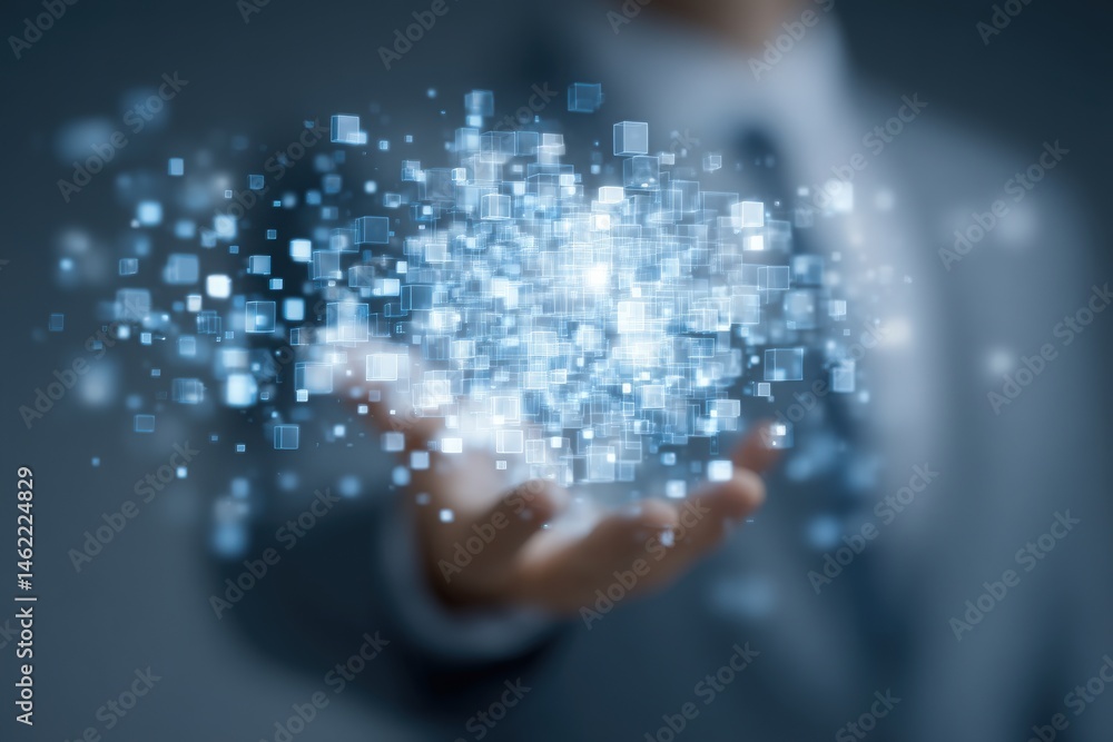 A hand reaches forward, surrounded by a burst of vibrant digital squares floating in a blurred backdrop. This moment symbolizes innovation and the merging of technology in business.