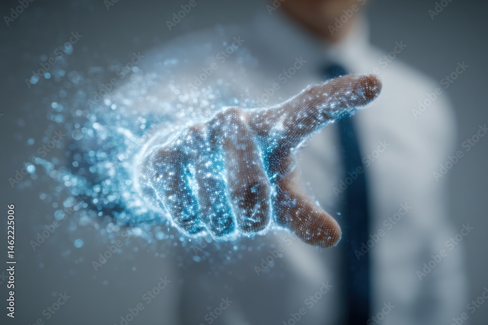 A hand extends outward, surrounded by glowing particles that create a digital effect.