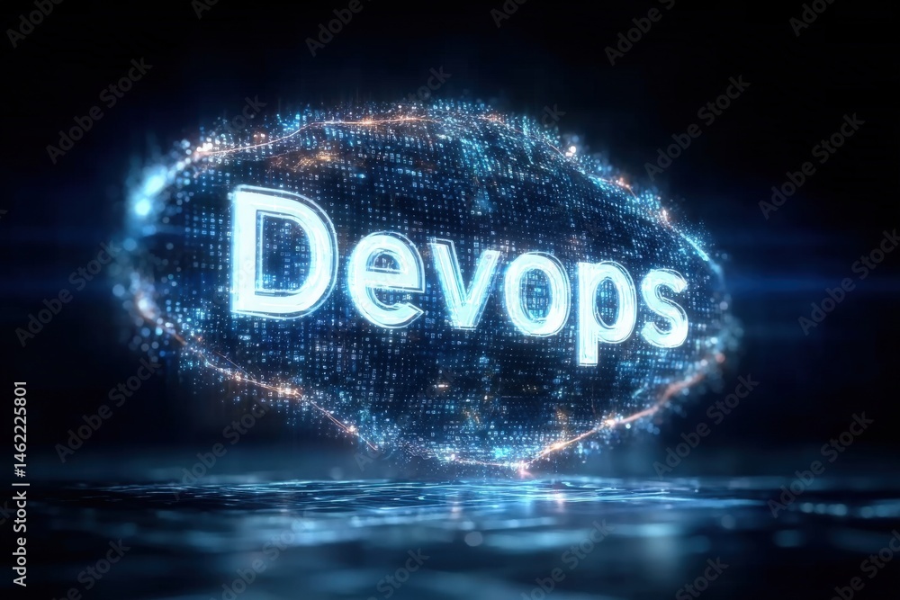 A digital display showcases the term DevOps surrounded by glowing particles and lines, creating a futuristic atmosphere that emphasizes technology and innovation.