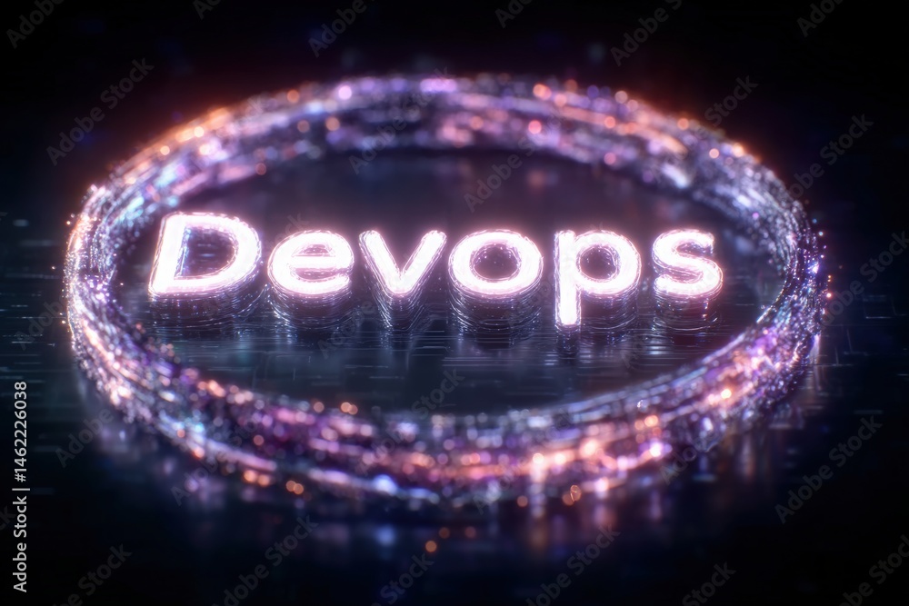 Glowing text representing Devops shines in a dark, digital environment, surrounded by sparkling light trails. This creates a modern and high-tech atmosphere, emphasizing innovation and technology.