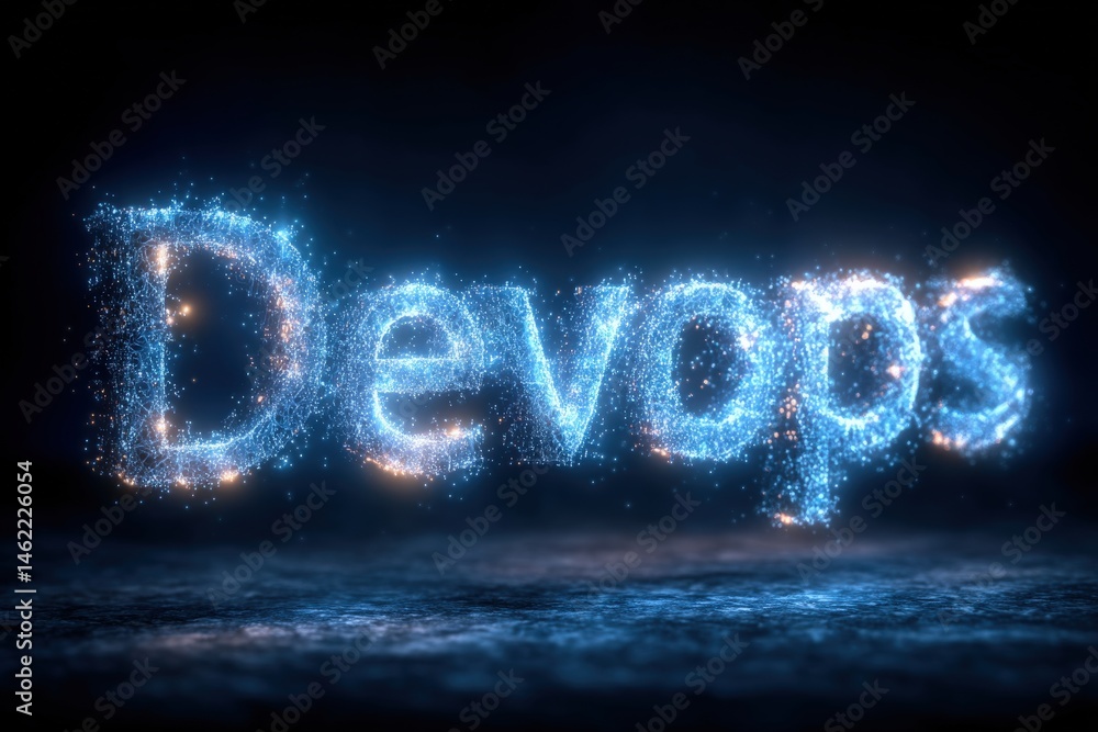 Glowing particles form the word Devops against a dark background. The bright, shimmering letters appear to float, creating a modern and digital aesthetic that captures attention.