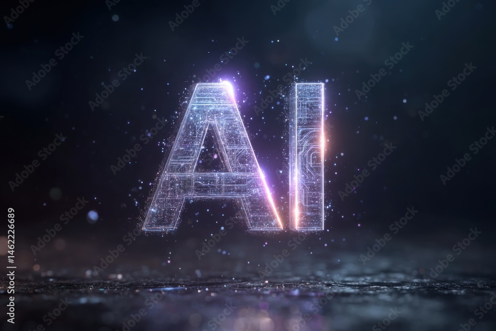 Bright, glowing letters form the abbreviation for artificial intelligence, surrounded by a misty atmosphere filled with small particles. This captivating display evokes a modern, technological feel.