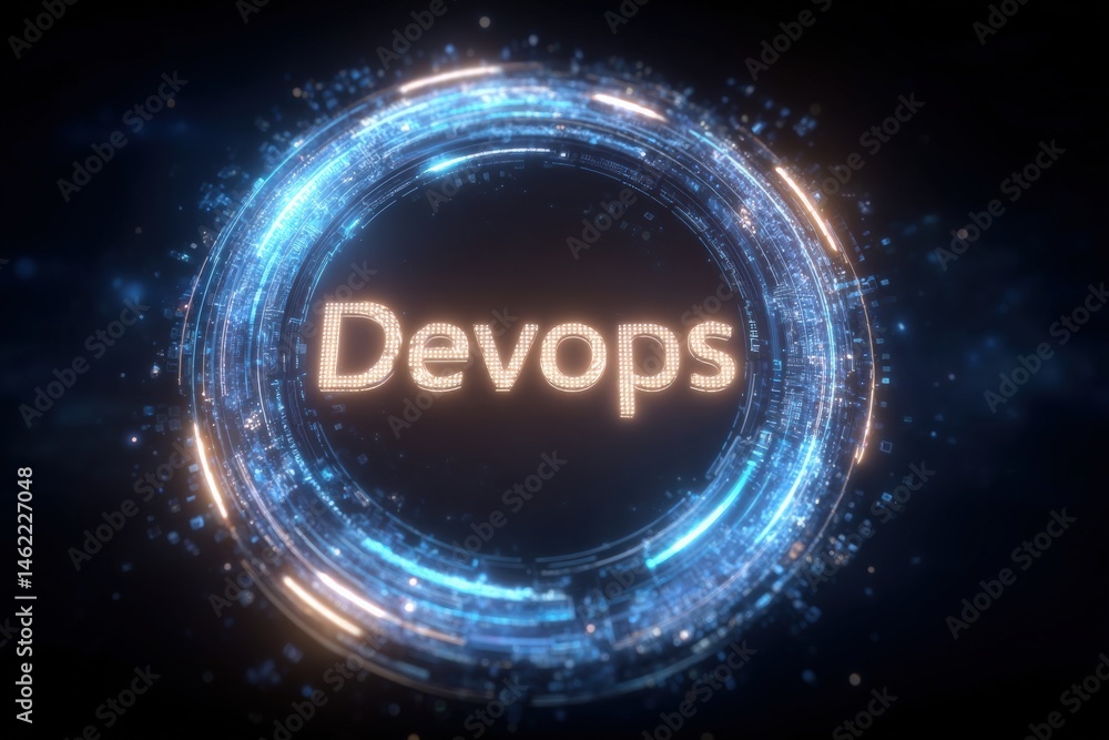 Illuminated text displaying DevOps surrounded by a glowing circular design made of digital particles and technological effects. The background suggests a futuristic and innovative atmosphere.