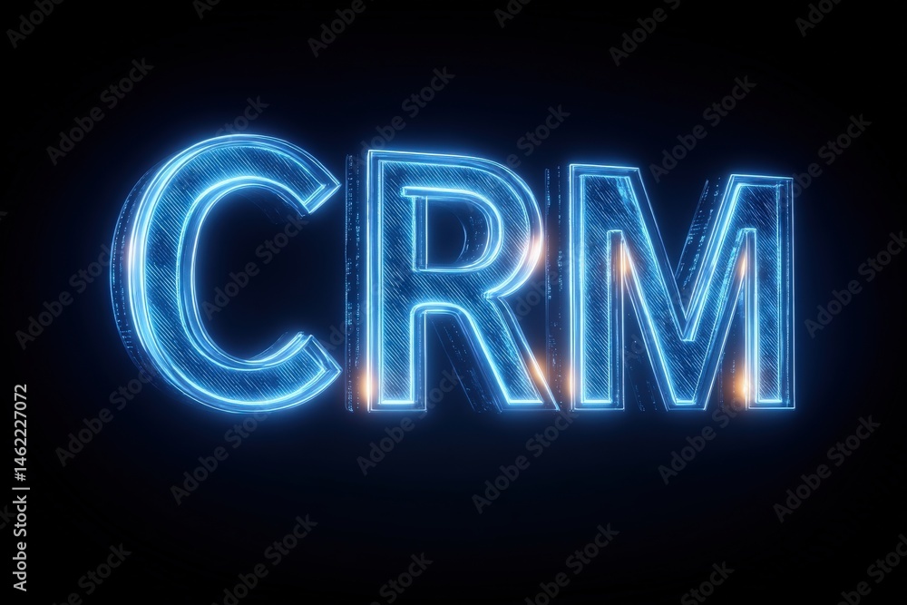 Bright blue glowing letters form the acronym CRM against a dark background, creating a bold and engaging appearance. The digital design highlights innovation and technology.