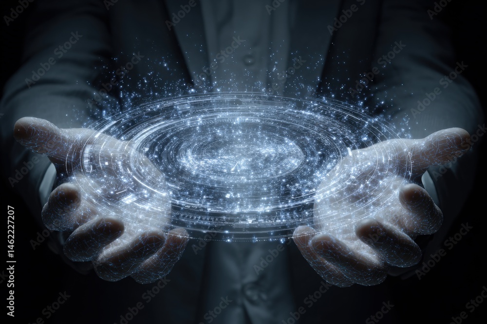 A pair of outstretched hands create a captivating visual of a glowing galaxy, filled with stars and cosmic energy, set against a dark background that enhances the ethereal effect.