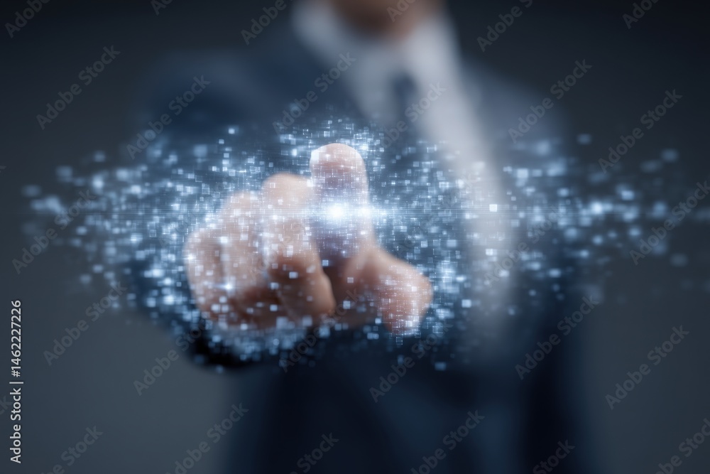 A businessman in a formal suit reaches out with a finger toward a glowing, sparkling digital interface filled with data points and light.