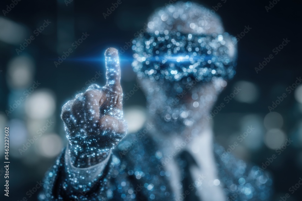 A figure wearing a futuristic virtual reality headset reaches out with a glowing finger, interacting with a digital interface.