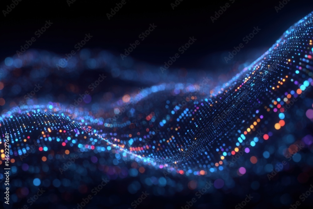 Intricate digital patterns form a wave-like structure, illuminated with vibrant colors including blue, orange, and purple against a dark background, showcasing depth and motion in a glowing display.